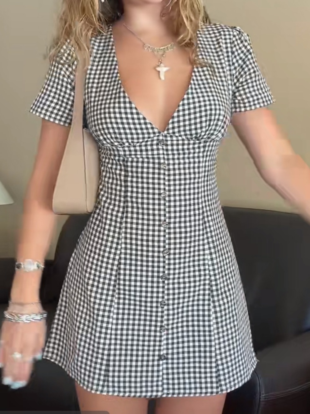 Princess Polly Black & White Gingham Button-Front Mini Dress